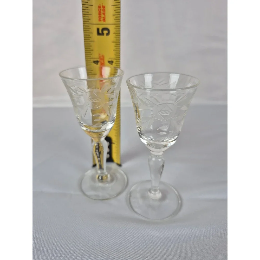 Vintage Mini Etched Cordial Glasses Set Of 8 Floral Stemware‎ Barware MCM